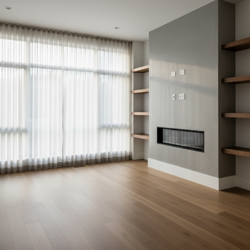 A flawlessly finished interior living space featuring custom millwork and floor-to-ceiling windows, showcasing expertly installed oak hardwood flooring with a subtle matte finish and pristine white recessed baseboards. The room includes a built-in, minimalist gas fireplace framed with sleek, modern concrete surround and accent shelves crafted from natural walnut. Gentle midday sunlight softly illuminates the room through sheer curtains, casting refined highlights on built surfaces and creating a tranquil, balanced atmosphere. The shot is composed with a wide, slightly elevated angle, emphasizing the spatial harmony and crisp detailing throughout. The visual style is clean, structured, and unmistakably professional, aligning with a high-quality construction company’s portfolio.