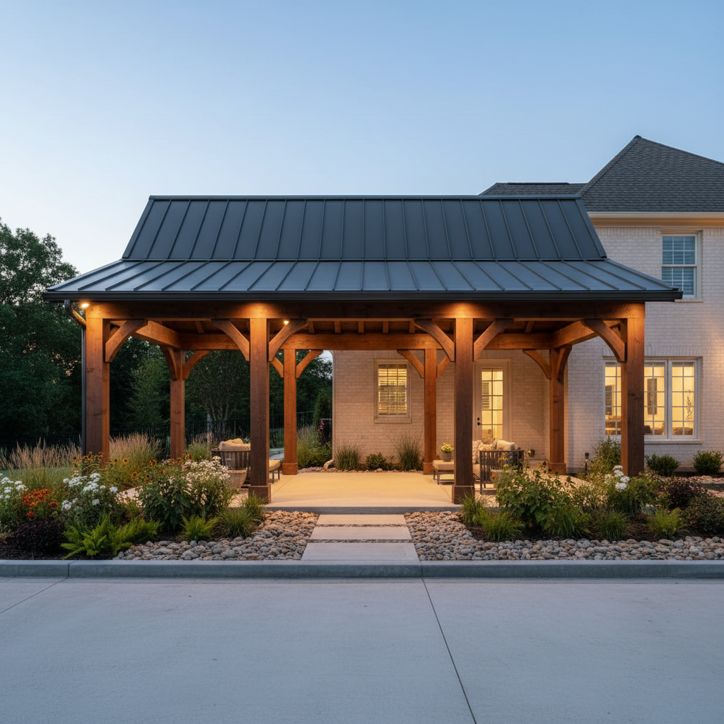 A sophisticated addition to an existing traditional home: a covered outdoor living pavilion constructed from rich, stained timber beams and a standing seam metal roof, seamlessly attached to the main house’s painted brick wall. Surrounding the pavilion are manicured landscaping beds with native plants and decorative river stones, bordered by clean concrete pavers. Warm, indirect ambient lighting from built-in sconces softly outlines the pavilion’s structural elements at dusk, creating an inviting, serene setting. Captured from a wide, straight-on angle with balanced, structured composition, this image highlights the expertise in blending new residential additions with established architecture, supporting the company’s identity as master craftsmen.