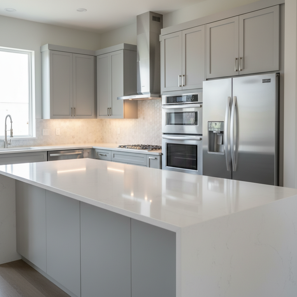 A newly constructed gourmet kitchen interior featuring a large, central island topped with polished quartz countertops, elegant flat-panel cabinetry in matte dove gray, and stainless steel fixtures. The kitchen layout directs the eye towards a custom tile backsplash in subtle geometric patterns, seamlessly integrated under-cabinet lighting, and brushed nickel hardware. Natural daylight enters through a nearby window, creating a light, airy ambiance, and emphasizing sharp lines and craftsmanship. The space is carefully composed from a slightly oblique angle, with neutral tones and immaculate finishes in sharp focus. The image style is photographic, modern, and minimal, reflecting professionalism and attention to detail in residential construction.