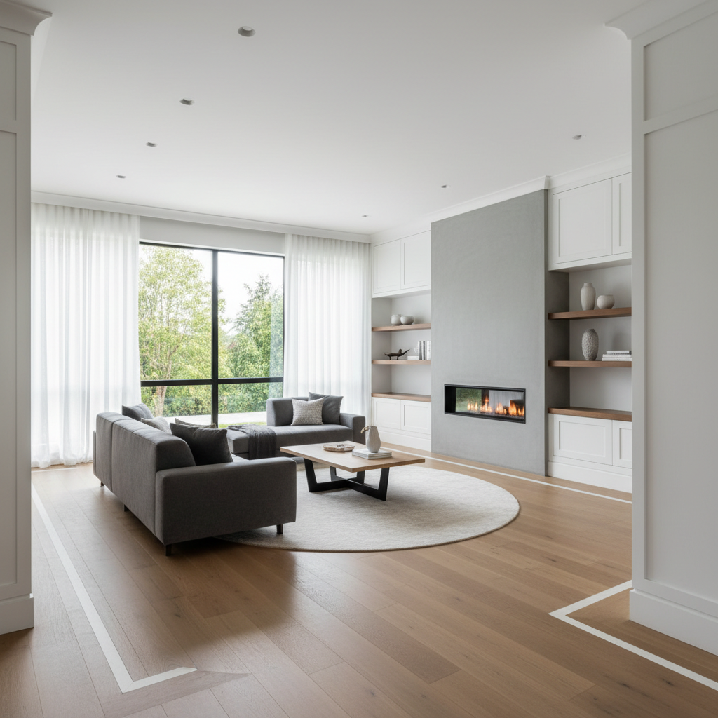 A flawlessly finished interior living space featuring custom millwork and floor-to-ceiling windows, showcasing expertly installed oak hardwood flooring with a subtle matte finish and pristine white recessed baseboards. The room includes a built-in, minimalist gas fireplace framed with sleek, modern concrete surround and accent shelves crafted from natural walnut. Gentle midday sunlight softly illuminates the room through sheer curtains, casting refined highlights on built surfaces and creating a tranquil, balanced atmosphere. The shot is composed with a wide, slightly elevated angle, emphasizing the spatial harmony and crisp detailing throughout. The visual style is clean, structured, and unmistakably professional, aligning with a high-quality construction company’s portfolio.