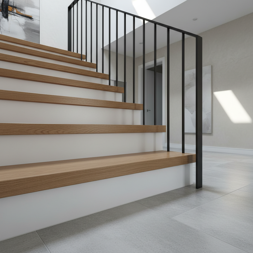 A close-up view of expertly crafted staircase details within a luxury renovation project, featuring solid oak treads, smooth satin-finish white risers, and a custom metal handrail with a matte black powder coat. The stairs are anchored by a minimalist landing with large format porcelain tile, all immaculately finished. Soft, diffused morning light from an overhead window emphasizes the subtle grain of the wood and the precision of joinery, casting gentle, natural shadows. Shot from a low, upward angle to showcase both modern geometry and material quality, the image exudes a refined, corporate ambiance with a clean, architectural photographic style. This image underscores the company’s commitment to detail and excellence in home remodels.