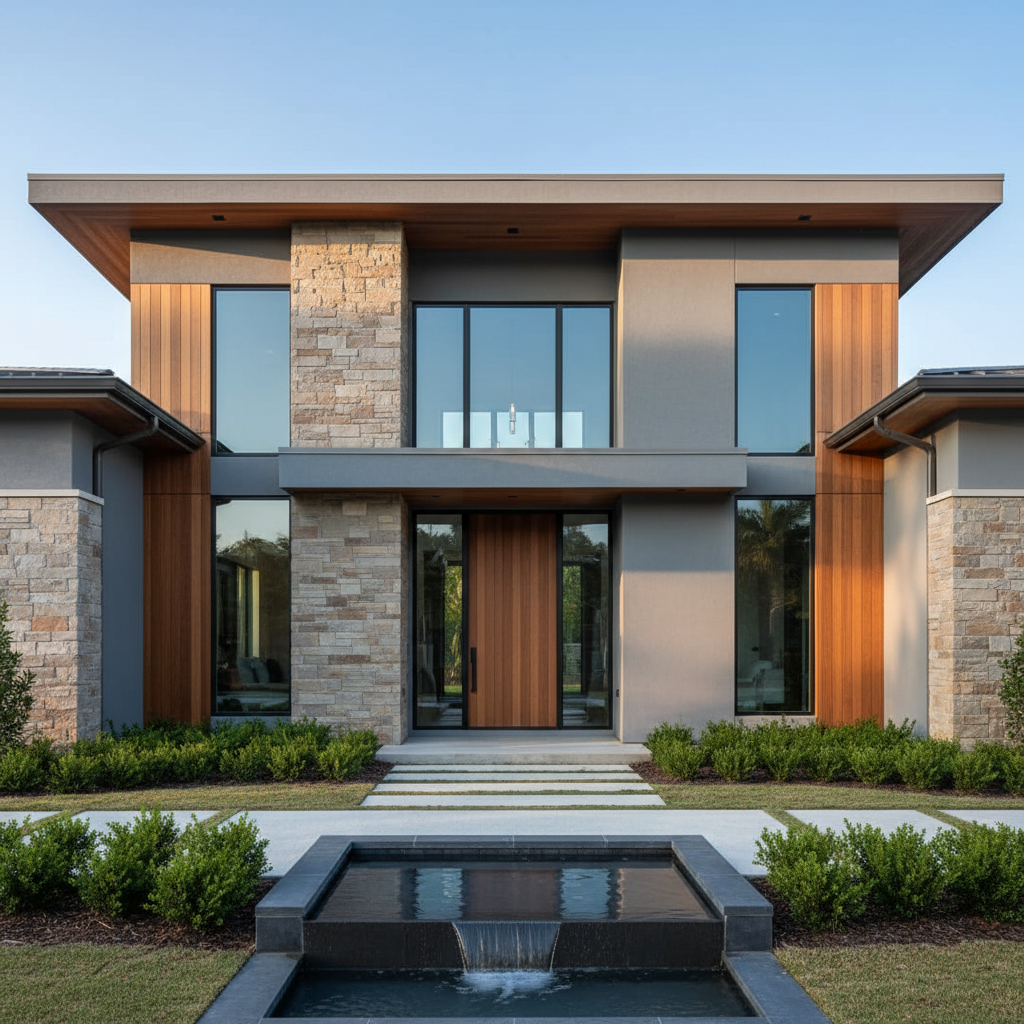 An impeccably constructed modern home exterior featuring smooth stucco walls in soft slate-gray, accented by natural stone cladding and warm cedar wood paneling. The residence sits on a meticulously landscaped lot with trimmed hedges, understated gravel pathways, and a minimalistic water feature nearby. Soft late afternoon sunlight washes over the façade, casting elegant, crisp shadows and emphasizing refined architectural lines. The composition is captured straight-on at eye level with a symmetrical framing that draws attention to balance and quality. The mood is highly professional and aspirational, conveying craftsmanship and reliability. The image embodies a clean, photographic realism with neutral tones, structured layout, and a calm but confident corporate presence, ideal for a top-tier North Florida construction site.